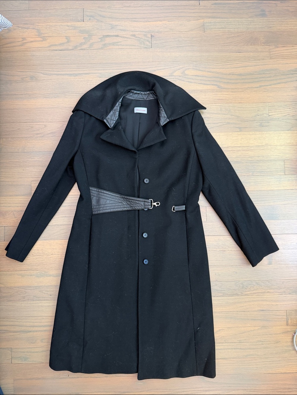 Versace Black Wool Trench Coat with Leather-Trim Belt
